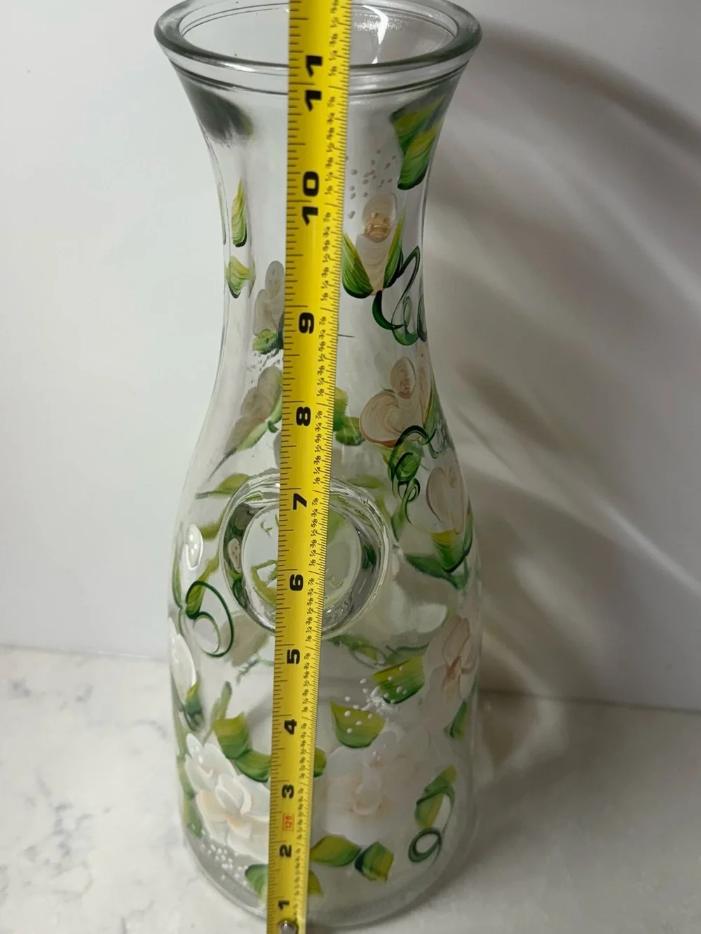 Hand-Painted Glass Carafe with Green and Cream Floral Design